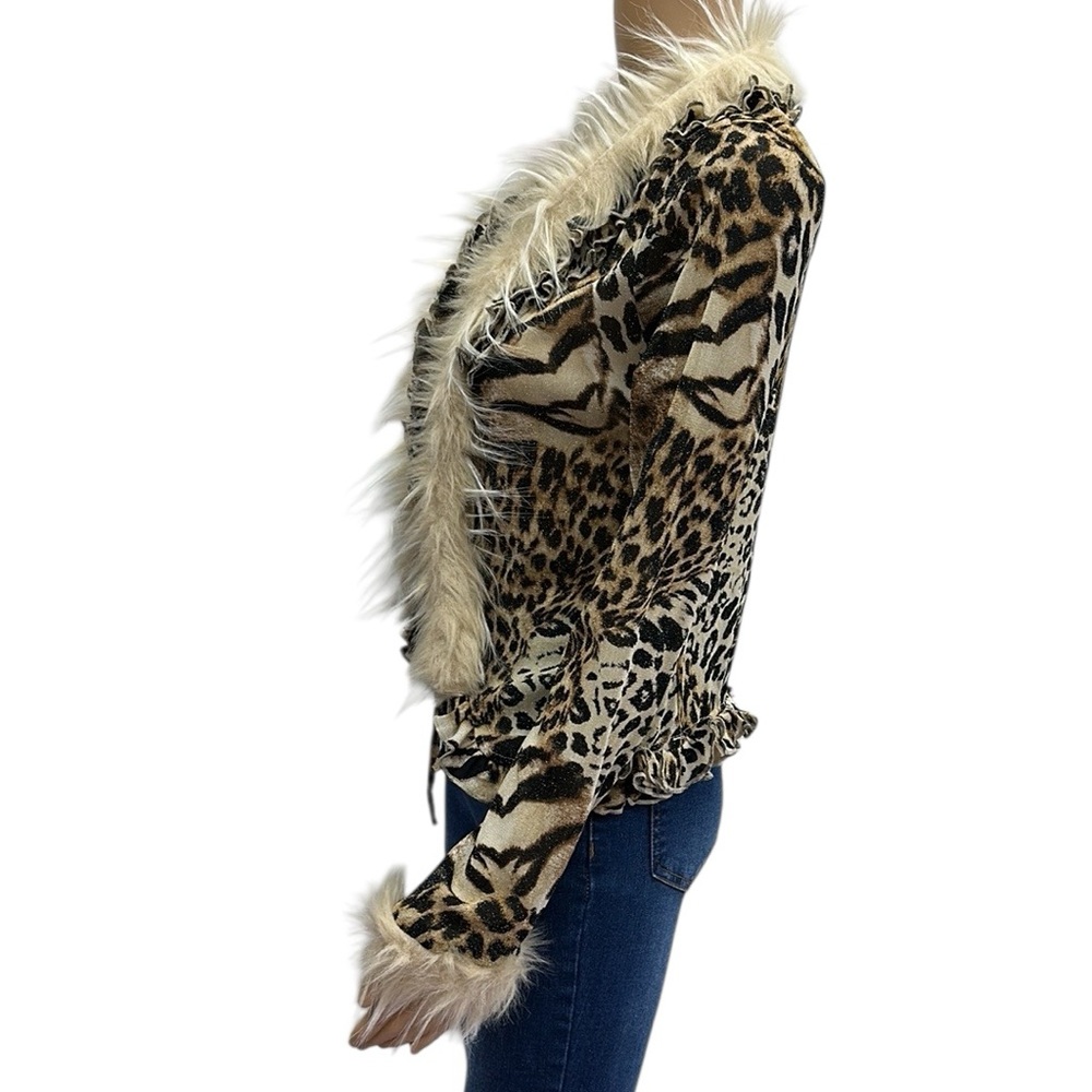 Leopard Print Faux Fur Long Sleeve Tie Front Ruffle Lightweight Cardigan Top M - Picture 8 of 15